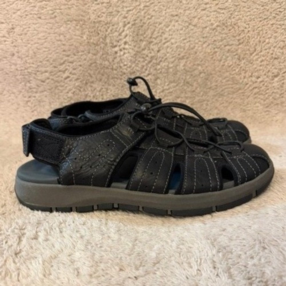 Clarks Mens 11826 Black Leather Fisherman Sandals Closed Toe Bungee Size 10 M